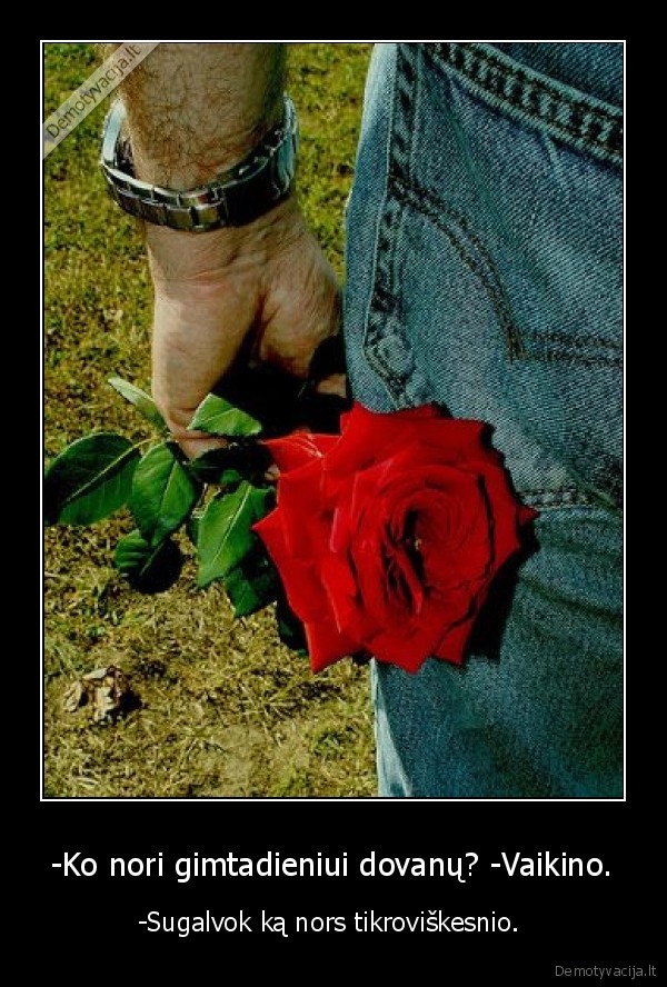 -Ko nori gimtadieniui dovanų? -Vaikino. - -Sugalvok ką nors tikroviškesnio. 
