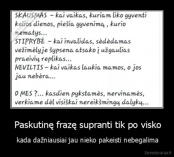  Paskutinę frazę supranti tik po visko -  kada dažniausiai jau nieko pakeisti nebegalima