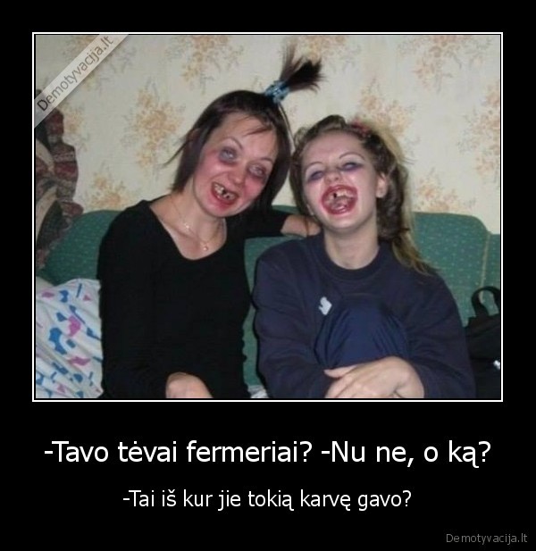 -Tavo tėvai fermeriai? -Nu ne, o ką? - -Tai iš kur jie tokią karvę gavo?