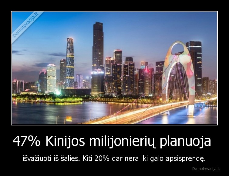 47% Kinijos milijonierių planuoja  - išvažiuoti iš šalies. Kiti 20% dar nėra iki galo apsisprendę.