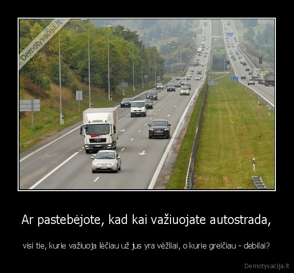 Ar pastebėjote, kad kai važiuojate autostrada, - visi tie, kurie važiuoja lėčiau už jus yra vėžliai, o kurie greičiau - debilai?