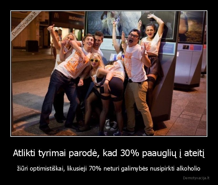 Atlikti tyrimai parodė, kad 30% paauglių į ateitį - žiūri optimistiškai, likusieji 70% neturi galimybės nusipirkti alkoholio