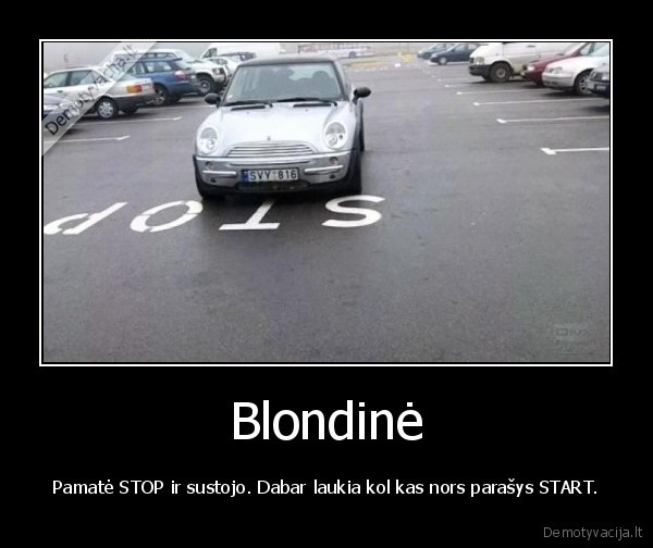 Blondinė - Pamatė STOP ir sustojo. Dabar laukia kol kas nors parašys START.