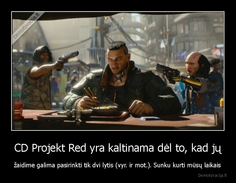 CD Projekt Red yra kaltinama dėl to, kad jų - žaidime galima pasirinkti tik dvi lytis (vyr. ir mot.). Sunku kurti mūsų laikais