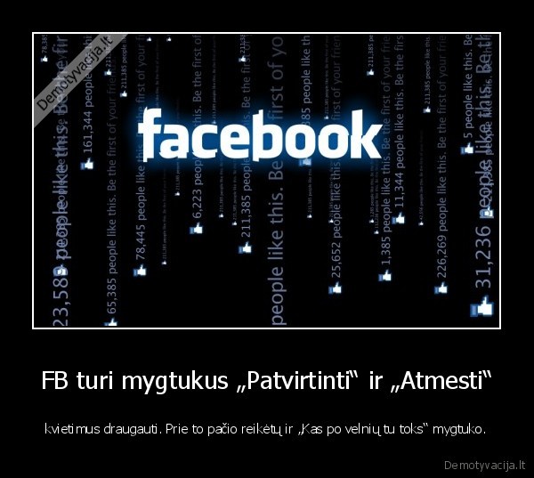 FB turi mygtukus „Patvirtinti“ ir „Atmesti“ - kvietimus draugauti. Prie to pačio reikėtų ir „Kas po velnių tu toks“ mygtuko.