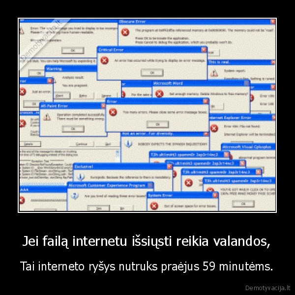 Jei failą internetu išsiųsti reikia valandos, - Tai interneto ryšys nutruks praėjus 59 minutėms.