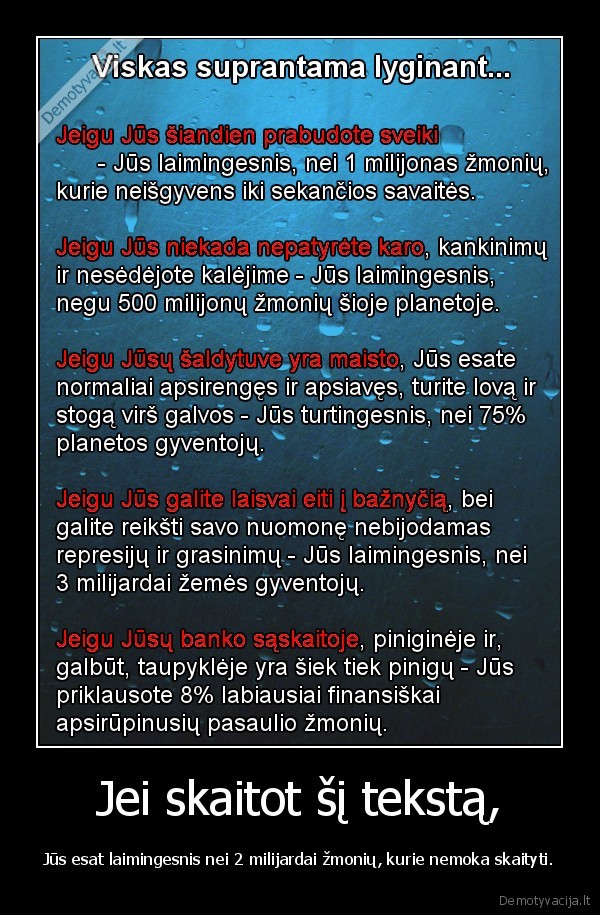 Jei skaitot šį tekstą, - Jūs esat laimingesnis nei 2 milijardai žmonių, kurie nemoka skaityti.