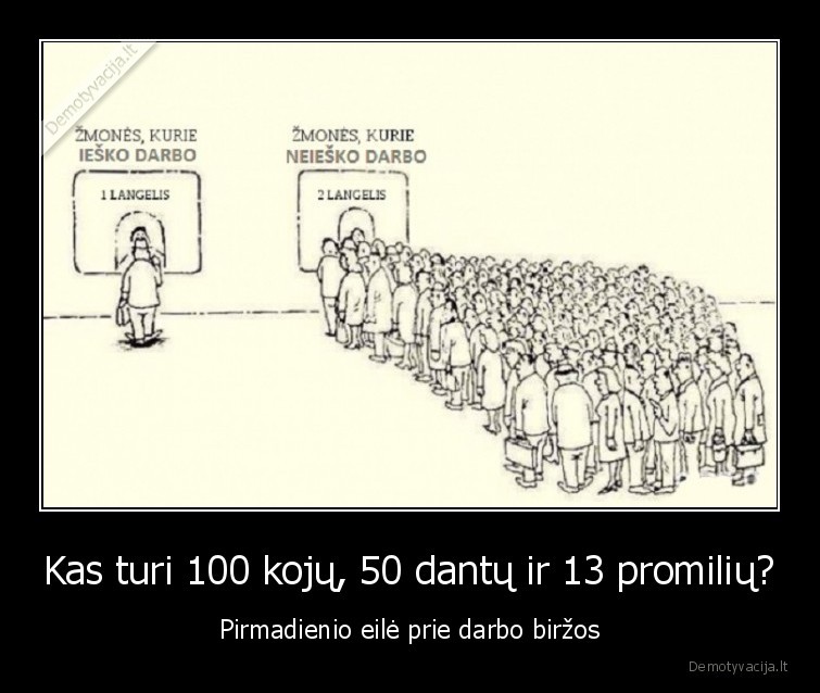 Kas turi 100 kojų, 50 dantų ir 13 promilių? - Pirmadienio eilė prie darbo biržos