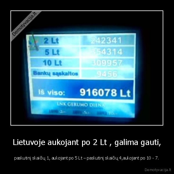 Lietuvoje aukojant po 2 Lt , galima gauti, - paskutinį skaičių 1, aukojant po 5 Lt – paskutinį skaičių 4,aukojant po 10 - 7.