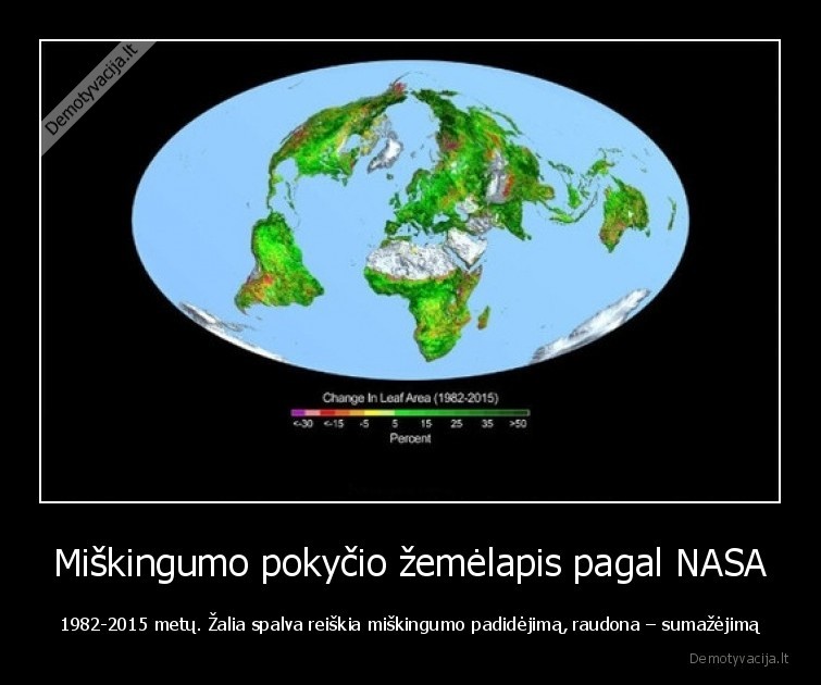 Miškingumo pokyčio žemėlapis pagal NASA - 1982-2015 metų. Žalia spalva reiškia miškingumo padidėjimą, raudona – sumažėjimą