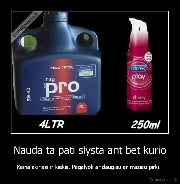 Nauda ta pati slysta ant bet kurio - Kaina skiriasi ir kiekis. Pagalvok ar daugiau ar maziau pirki. 
