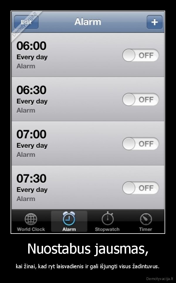 Nuostabus jausmas, - kai žinai, kad ryt laisvadienis ir gali išjungti visus žadintuvus.