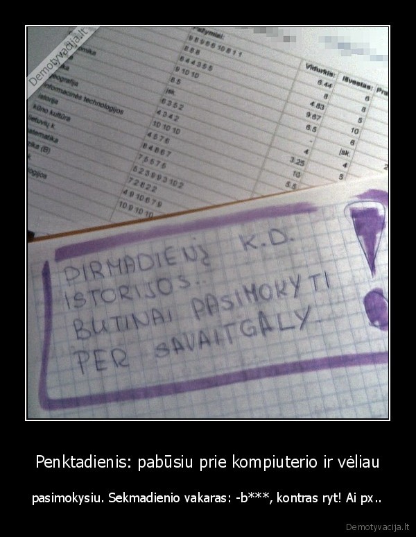 Penktadienis: pabūsiu prie kompiuterio ir vėliau - pasimokysiu. Sekmadienio vakaras: -b***, kontras ryt! Ai px..