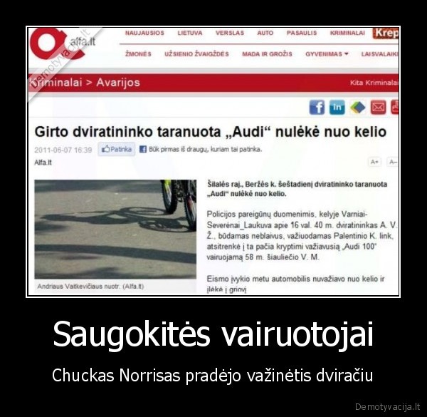 Saugokitės vairuotojai - Chuckas Norrisas pradėjo važinėtis dviračiu