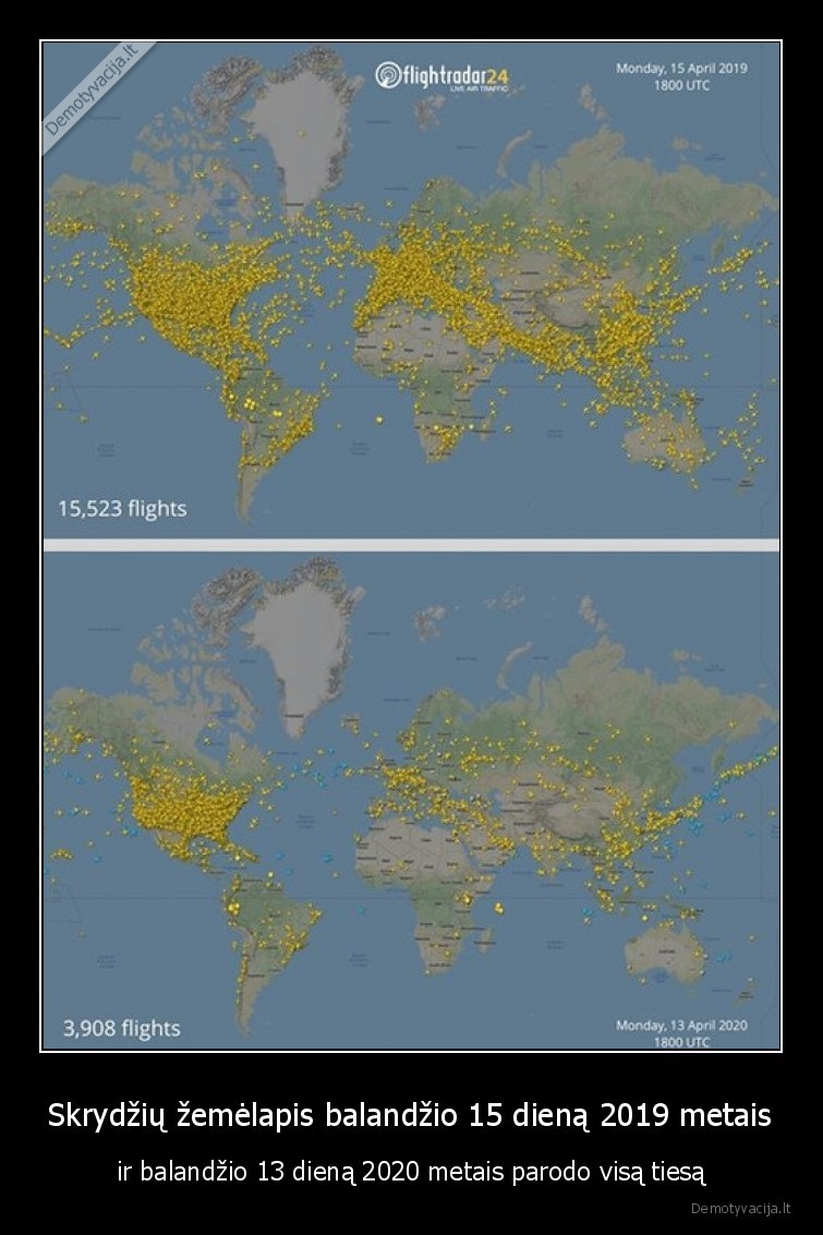 Skrydžių žemėlapis balandžio 15 dieną 2019 metais - ir balandžio 13 dieną 2020 metais parodo visą tiesą