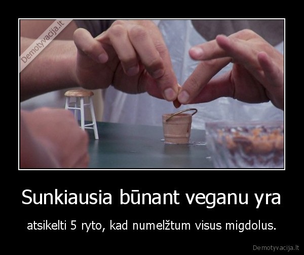 Sunkiausia būnant veganu yra - atsikelti 5 ryto, kad numelžtum visus migdolus.