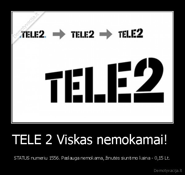 TELE 2 Viskas nemokamai!  - STATUS numeriu 1556. Paslauga nemokama, žinutės siuntimo kaina - 0,15 Lt.