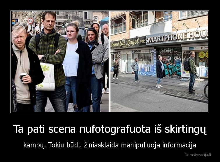 Ta pati scena nufotografuota iš skirtingų - kampų. Tokiu būdu žiniasklaida manipuliuoja informacija