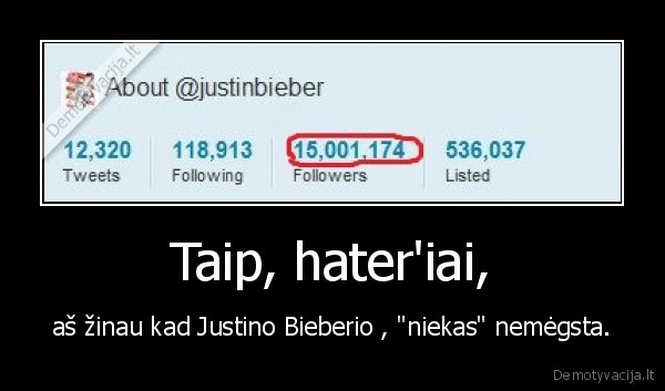 Taip, hater'iai, - aš žinau kad Justino Bieberio , "niekas" nemėgsta.