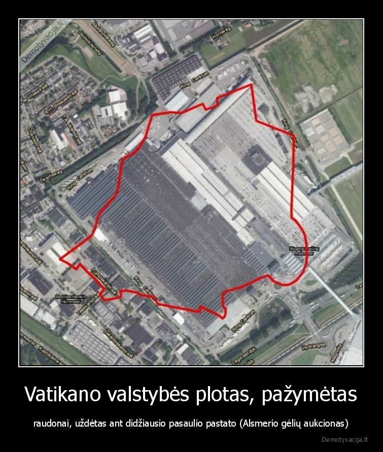 Vatikano valstybės plotas, pažymėtas - raudonai, uždėtas ant didžiausio pasaulio pastato (Alsmerio gėlių aukcionas)